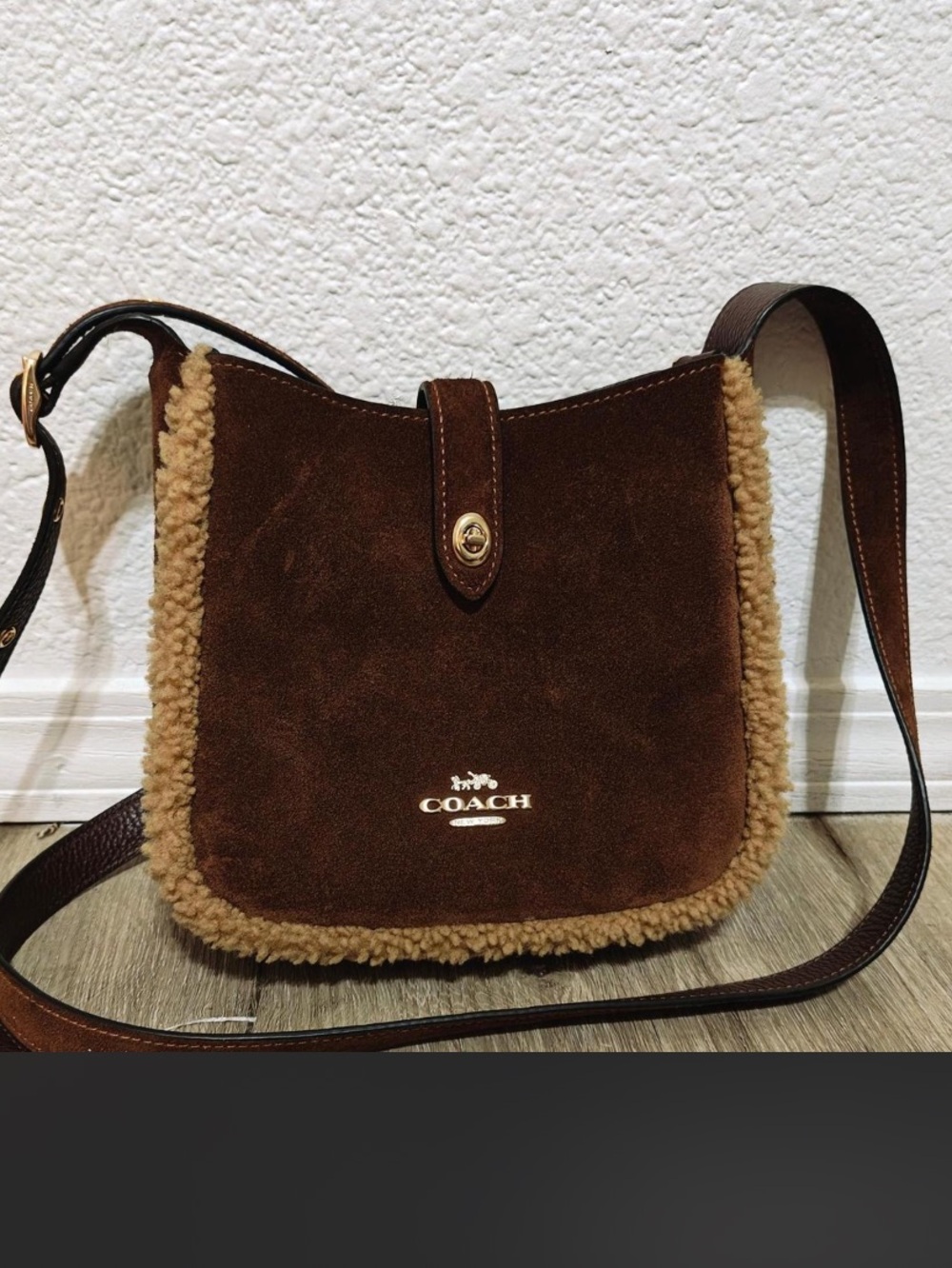 Coach Brown Suede Crossbody with Shearling Trim